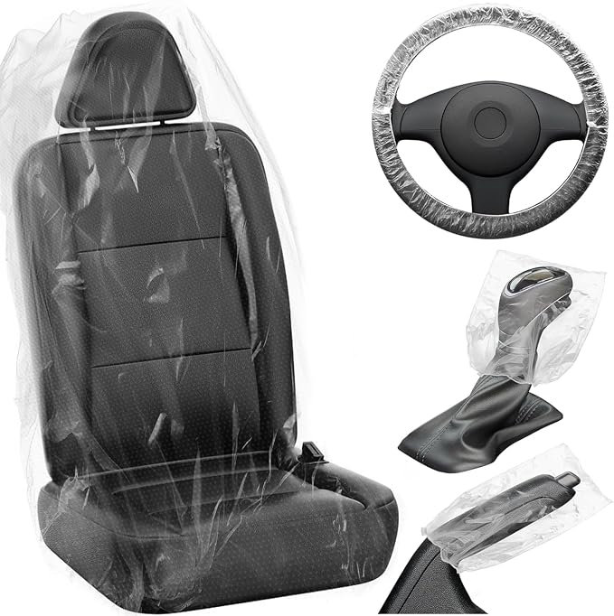 MYFAMIREA 125 PCS Disposable Car Seat Covers Clear Plastic Vehicle Seat Protector Set with Steering Wheel, Gear Shift and Handbrake Covers, Universal for Cars Auto Truck Bus Airplane by MYFAMIREA