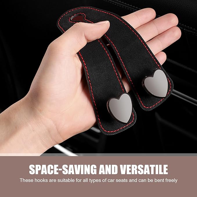 2 PCS Car Seat Headrest Hook, Car Hooks for Headrest, Storage Double Heart Shape Hooks, Suede Foldable Soft Hook Organizer, Universal for Cars (Black) - Image 3