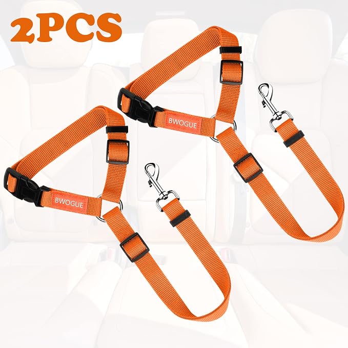 BWOGUE 2 Pack Dog Seat Belt for Car, Headrest Restraint Strap, Orange | Headrest Loop, 18-30 in Adjustable, 2-in-1 Seat Belt and Leash, Nylon Strap, 2 Pack for Dogs and Cats, Use with Dog Harness - Image 2