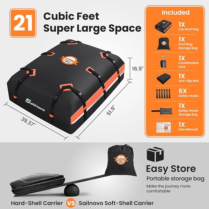 Sailnovo Car Rooftop Cargo Carrier 21 Cubic Feet Waterproof Soft Roof Bag | Heavy Duty 1000D PVC, Fit Vehicles with/without Rack, includes Anti-Slip Mat,6 Door Hooks,10 Reinforced Straps,Lock, for Trip - Image 2