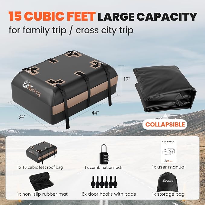 Car Rooftop Cargo Carrier Bag, 15 Cubic Feet Waterproof Roof Cargo Bag for Sedan SUV Minivan, Fit Vehicles with/Without Roof Rack, Sidebars & Crossbars - Max Size 44" L x34 W x17 H - Image 5