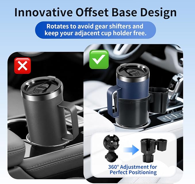 Car Cup Holder Expander W/Offset Adapter, 2-in-1 Cup Holder Extender for Large Bottles up to 4.3", Adjustable Base Fits Stanley, Hydro Flask, Yeti, Universal Car Cup Holder for Most Vehicles - Image 3