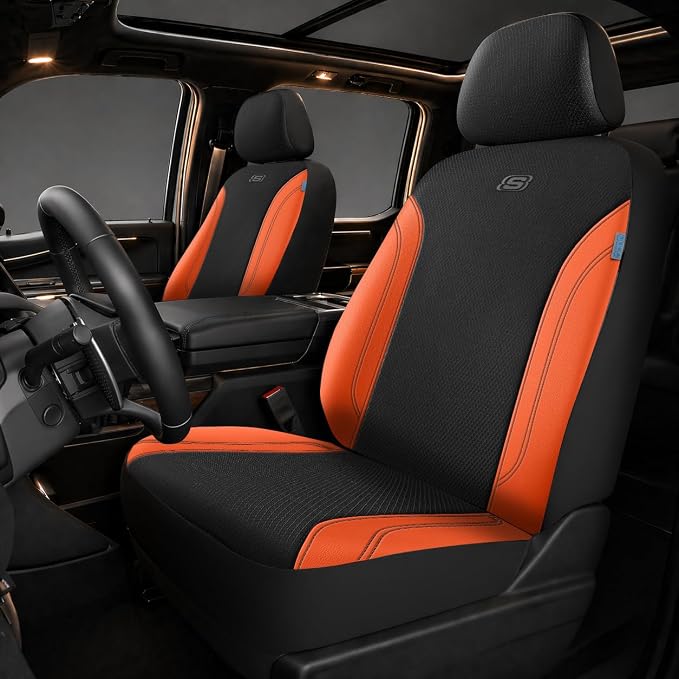 Skechers Work Seat Covers, Leather Car Seat Covers 5-Times Stronger Built-in Webbing, Oxford Fabric Front Seat Cover, Airbag Compatible, Automotive Comfort for Cars, Trucks, SUVs,Orange by Unknown