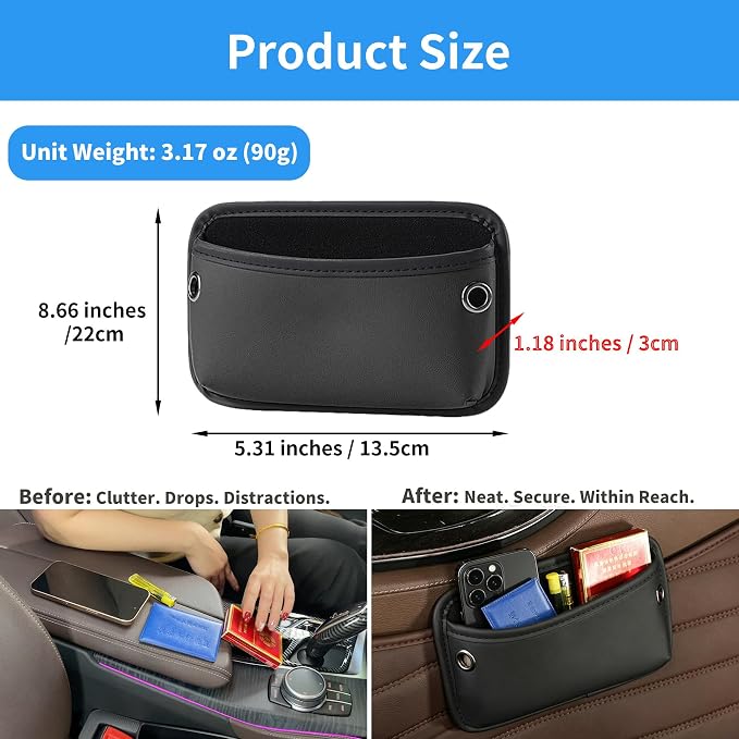 Car Seat Side Pocket Organizer, Nappa Leather Car Trunk Pouch Organizers and Storage, Small Car Side Seat Storage Bag for Auto Front Seat Back Seat Door Console Phone Sunglasses Cards Pen (Black-1PC) - Image 4