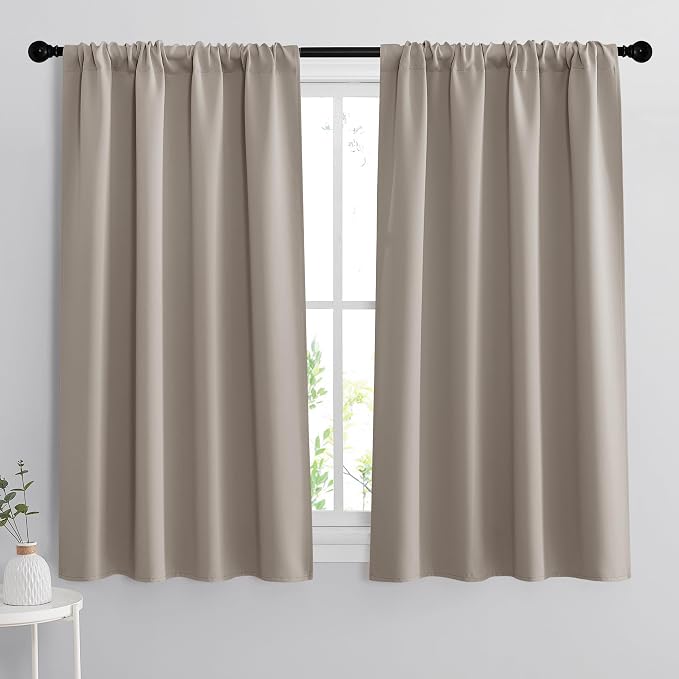 RYB HOME Short Blackout Curtains for Bedroom, Room Darkening, Rod Pocket | Thermal Insulated, Summer Heat Light UV Blocking, Triple-weave Fabric, Nursery Kitchen Bathroom, W42 x L48, Sand, 2 Panels by RYBHOME