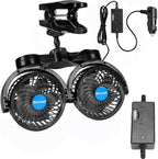 12V Car Clip Fans, Adjustable Dual Head Clip Fan 360° Rotatable Cooling Air Fan, 4'' Electric Auto Car Fans with Cigarette Lighter Plug for Vehicles, RV, SUV by Hynoo