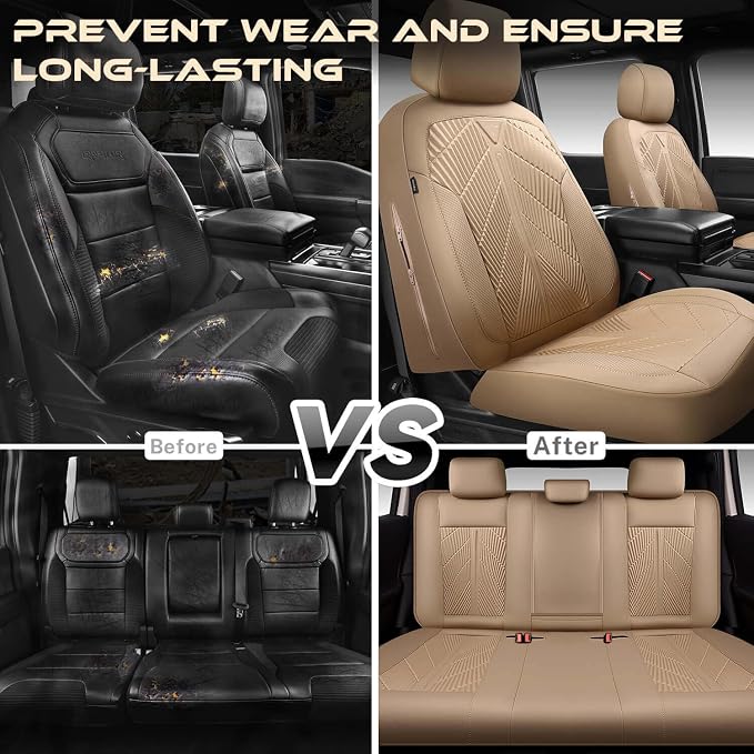 CAR PASS Waterproof Car seat Covers Full Sets Neoprene Wetsuit, All-Weather Non-Slip Durable, Universal Fit for SUV Sedans Trucks Vans Automotive, Armrest Airbag Compatible, 3D Emboss All Beige - Image 5