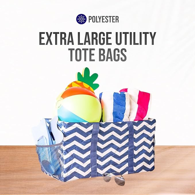 Extra Large Utility Tote Bag, Oversized Collapsible Reusable Wire Frame Rectangular Canvas Basket With Two Exterior Pockets For Beach, Pool, Laundry, Car Trunk, Storage - Chevron Navy - Image 7