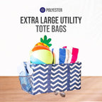 Extra Large Utility Tote Bag, Oversized Collapsible Reusable Wire Frame Rectangular Canvas Basket With Two Exterior Pockets For Beach, Pool, Laundry, Car Trunk, Storage - Chevron Navy - Image 7