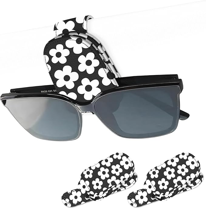 2 Pack Magnetic Leather Sunglass Holder, Universal Magnetic Car Eyeglass Hanger Clip for Different Size Eyeglasses, Car Visor Accessories (Black White Floral) by Unknown