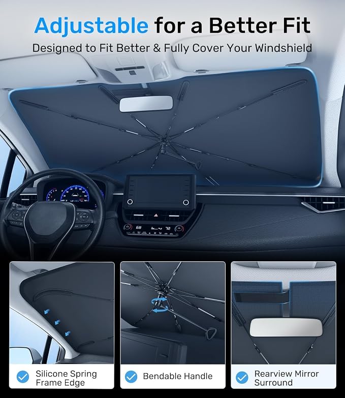 Zanch 2026 Upgraded Car Windshield Sun Shade [Cool Down by 75℉ ] with Heat Insulation Coating, Foldable Sunshade Umbrella with Flexible Handle & Ribs, Extra Small (51''x29'') for Compact Cars - Image 5