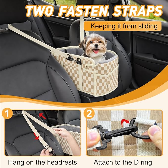 Console Dog Car Seat for Small Dogs, Foldable Booster Seat, Khaki Checkered | Portable Booster Seat Sits On Car Console/ Armrest. Foldable for Easy Storage. for Center Console, Easy To Clean. - Image 5