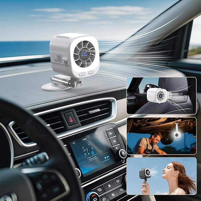 Car Fan for Driver & Backseat, Powerful Large Airflow Portable Fan with Extendable Arm, Rechargeable 3000mAh Battery, Magnetic Clip Mount, 5 Speeds, Quiet Cooling Fan for Car, Baby, SUV, Truck - Image 3