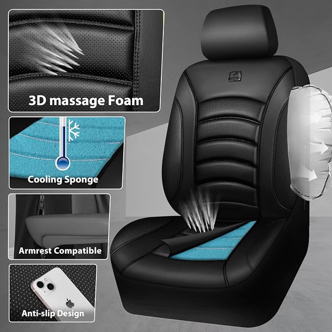 CAR PASS 3D Foam PU Leather Car Seat Covers, Universal Seat Covers Front 2 for Trucks SUV Sedan Automotive Seat Covers Armrest Airbag Compatible Waterproof Comfortable Faux Nappa Leather All Black - Image 2