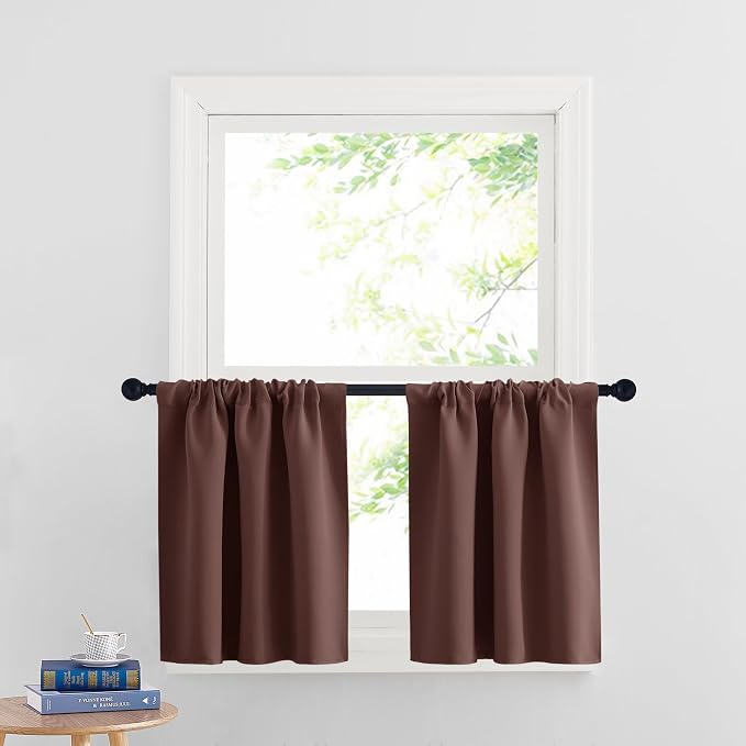 RYB HOME Short Blackout Privacy Curtains 30 inch Long for Bathroom Window | Thermal Insulated,Heat Blocking,Rod Pocket,Half Window Curtain Tiers for Nursery Bedroom,W42 x L30,Chocolate Brown,2 Panels by RYBHOME