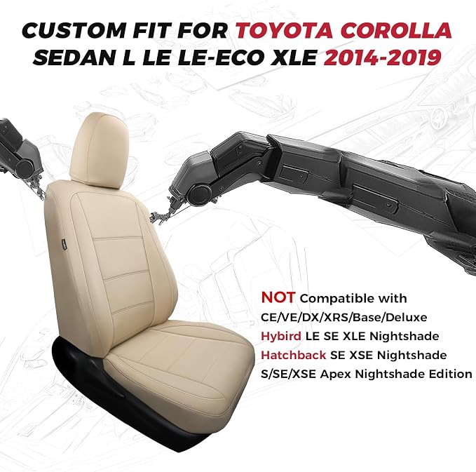 FREESOO Custom Leather Seat Covers for Toyota Corolla L LE Series 2014-2019 | Sedan, Full Set, Waterproof, Airbag Compatible, Scratch-resistant, Anti-slip, Protector Cushion, Durable Material, Easy-clean - Image 2
