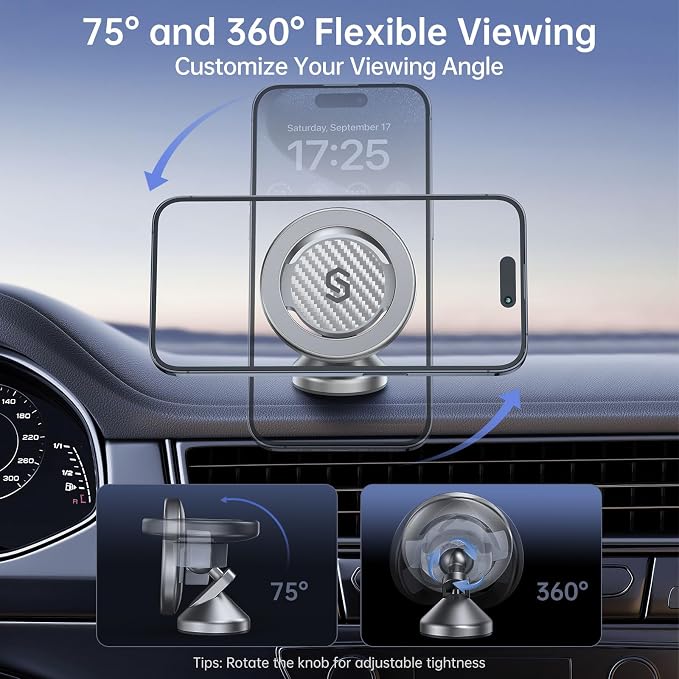 SYNCWIRE MagSafe Car Mount, Adjustable Magnetic Phone Holder, Carbon Fiber | 360° Rotating Strong Magnet Phone Mount with 3M VHB Adhesive, Compatible with iPhone 17/16/15/14/13/12 & MagSafe Cases - Image 2