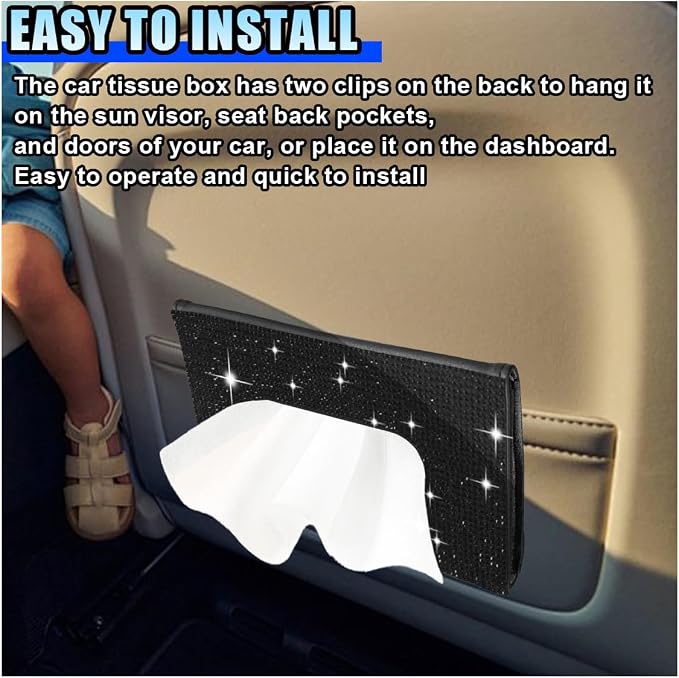 Bling Car Sun Visor Tissue Box Holder, PU Leather Auto Paper Towel Cover, Glitter Crystal Rhinestone Napkin Holder, Car Decoration Accessories for Women (Black) - Image 5