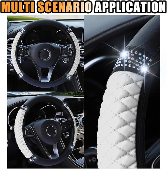 JOYCOURT 15 Inch Bling Soft Leather Car Steering Wheel Cover, White | Colorful Rhinestones Design, Auto Elastic Protector for Women Girls, Crystal Diamond Car Accessories for Most Cars, SUVs - Image 6