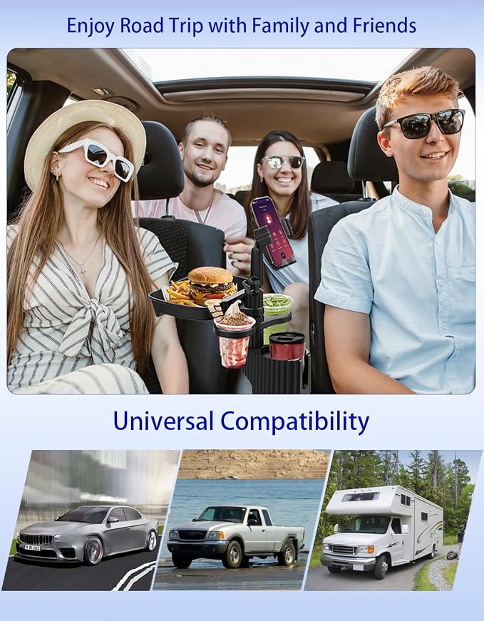 Car Cup Holder Tray - 5 in 1 Adjustable Car Cup Holder Expander with Food Tray Table and Phone Mount for All Purpose, Automotive Essentials for Driver and Front Passenger - Image 7