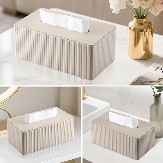 KINGFOM PU Leather Tissue Box Cover Rectangular Tissue Box Holder with Magnetic Bottom, Napkin & Facial Tissue Holder Dispenser for Home, Office for Standard 120-count/160-count (2-Ply) Beige Stripe - Image 6