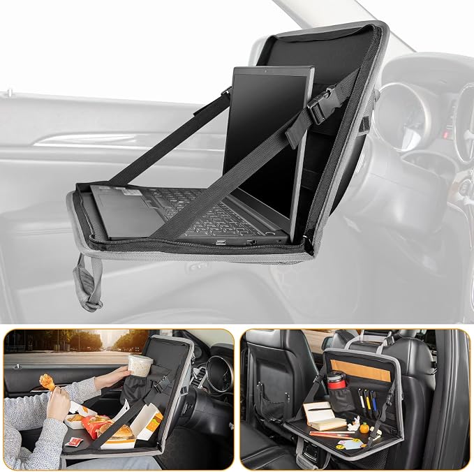 JOYTUTUS 3 in 1 Steering Wheel Eating Tray (Gray), Car Back Seat Laptop Desk, Multifunctional Office Bag, Car Work Table for Writing, Car Organizer for Kids, Commuters, Family by JoyTutus