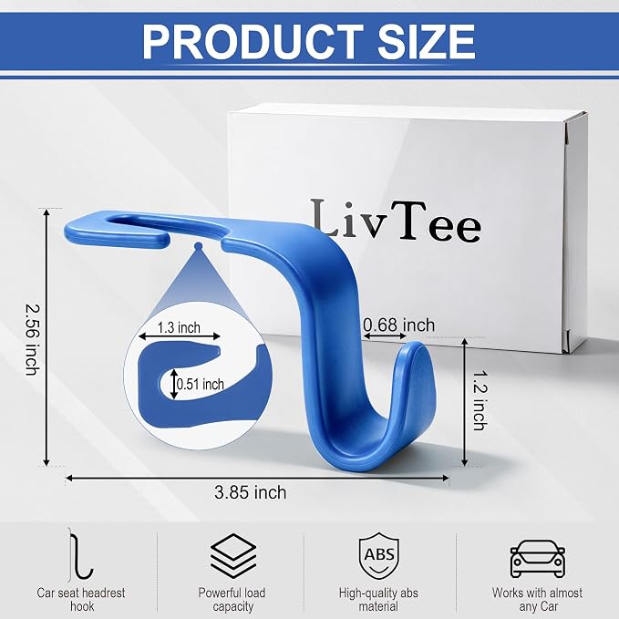 LivTee Car Seat Headrest Hook, Car Headrest Hidden Hook, 4 Pack Universal Auto Car Back Seat Hook Organizer for Purse Coat, Car Interior Accessories (Blue) - Image 3