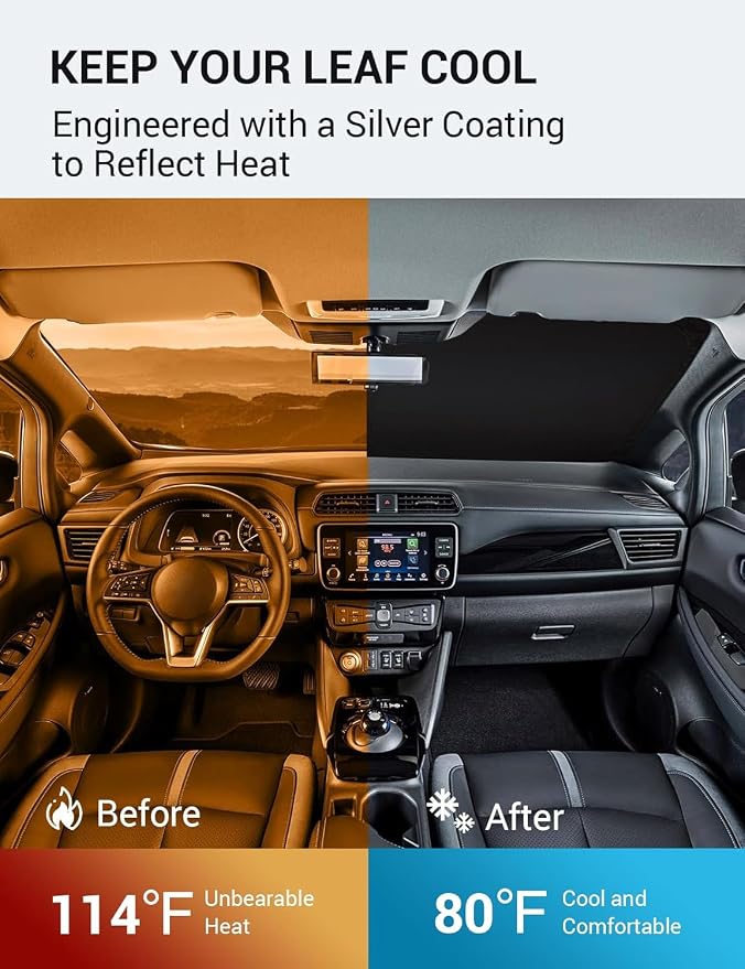 Proadsy Custom Fit 2018-2026 Nissan Leaf Windshield Sun Shade, Blocks Heat | 240T Heat Shield, Drops Temp 54°F, Blocks 99% UV, Prevents Dashboard Cracking, Summer Parking & Beach Trips, Easy Twist-Fold - Image 3