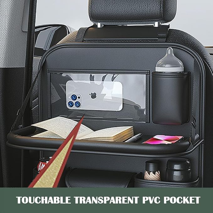 Foldable Car Backseat Organizer with Table Tray, Car Seat Back Protector with Touch Screen Phone Holder, Premium Leather Kick Mats with Storage Pockets Tissue Holder (Black) - Image 9