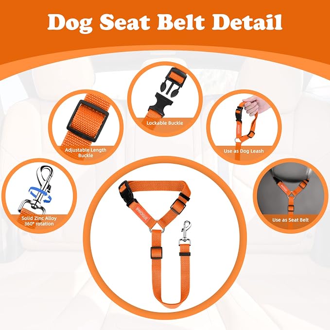 BWOGUE 2 Pack Dog Seat Belt for Car, Headrest Restraint Strap, Orange | Headrest Loop, 18-30 in Adjustable, 2-in-1 Seat Belt and Leash, Nylon Strap, 2 Pack for Dogs and Cats, Use with Dog Harness - Image 3