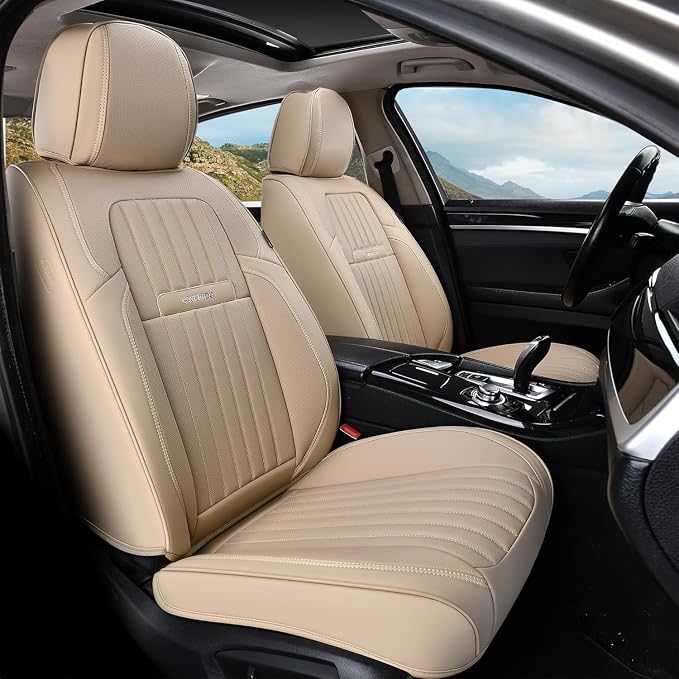 Coverado Car Seat Covers Front Seats, Car Seat Cover Beige, 2-Pack Car Seat Cushion Nappa Leather, Car Seat Protector, Waterproof Seat Covers Carseat Cover Universal Fit for Most Cars Trucks by COVERADOAUTO