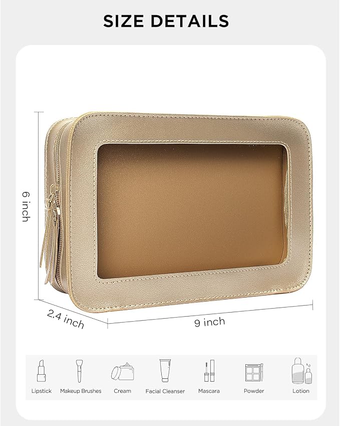 Clear Makeup Bags,TSA Approved Toiletry Bag with Zipper,Sunscreen Bag Clear Makeup Toiletry Pouch Beach Vacation Essentials for Women Teen Girls Gifts(Golden) - Image 2