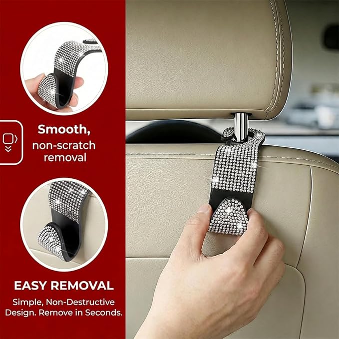 4PCS Bling Car Seat Headrest Hooks, Crystal Rhinestone Vehicle Back Seat Hanger Holder, Auto Interior Headrest Hanging Storage Organizer for Purse Handbag Coat, Universal Fit (Orange) - Image 3