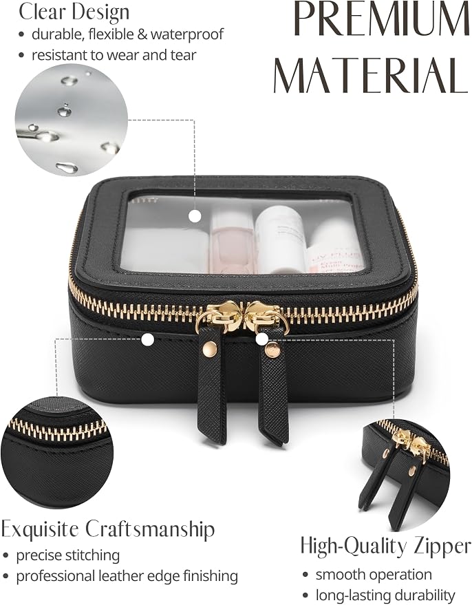 Small Clear Makeup Bag for Purse, Travel Cosmetic Case, Black, Mini | Waterproof PU Leather, Transparent Square Make Up Pouch with Zipper, Tiny Toiletry Organizer Bag for Women Car Essentials Bag - Image 2