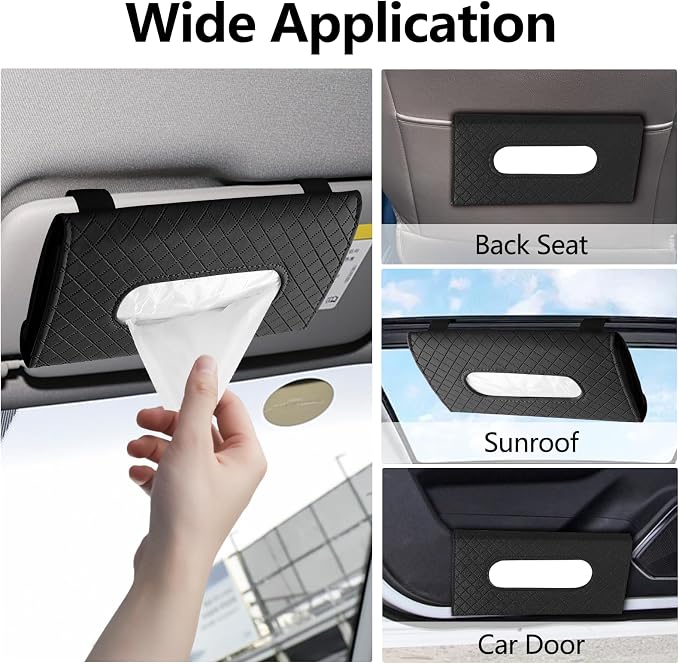 wuyaoyao Car Tissue Holder, Leather Sun Visor Napkin Case, Plaid-Black | Hook-and-Loop Design, Car Tissue Dispenser, Clip-on Mask Holder for Sunvisor, Easy to Use, Fits SUVs, Sedans, Trucks - Image 3