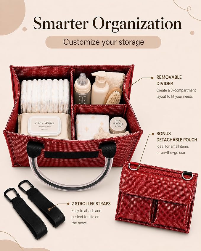 Baby Diaper Caddy Organizer with Removable Dividers, Red | PP, Easy-Clean Nursery Storage Basket, Portable Nursery Storage for Changing Tables, Baby Shower Gift，Newborn Essentials - Image 3