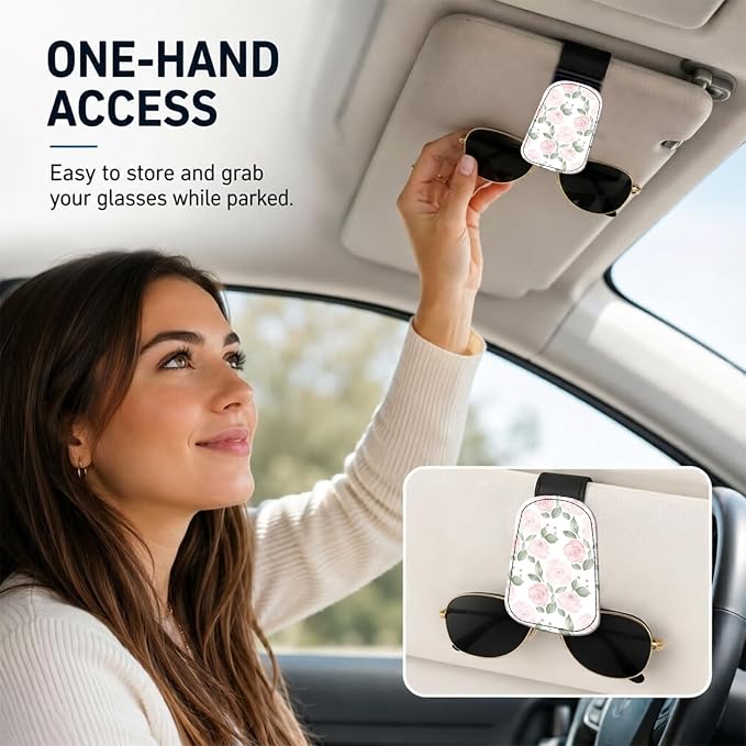 Leather Magnetic Sunglass Holder for Car Sun Visor, Cute Eyeglass Ticket Card Hanger Clip, Universal Auto Interior Accessories for SUV Pickup Truck, Soft Rose - Image 2