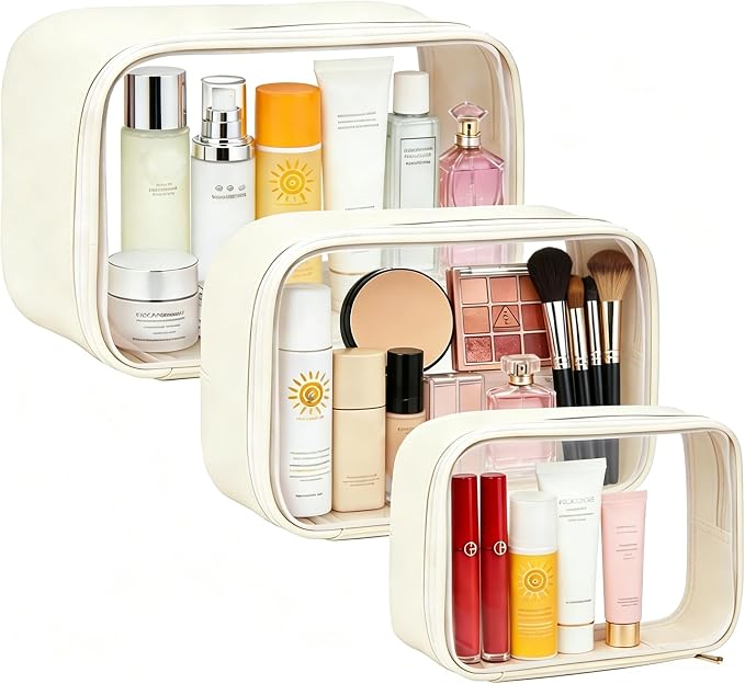 Travel Clear Makeup Bag Set for Women, 3 Pack Travel Size Toiletry Bag with Zipper Small Makeup Pouch for Purse Waterproof Portable Cosmetic Case Compact Car Organizer Storage Bag (Beige Set) by FFpaw