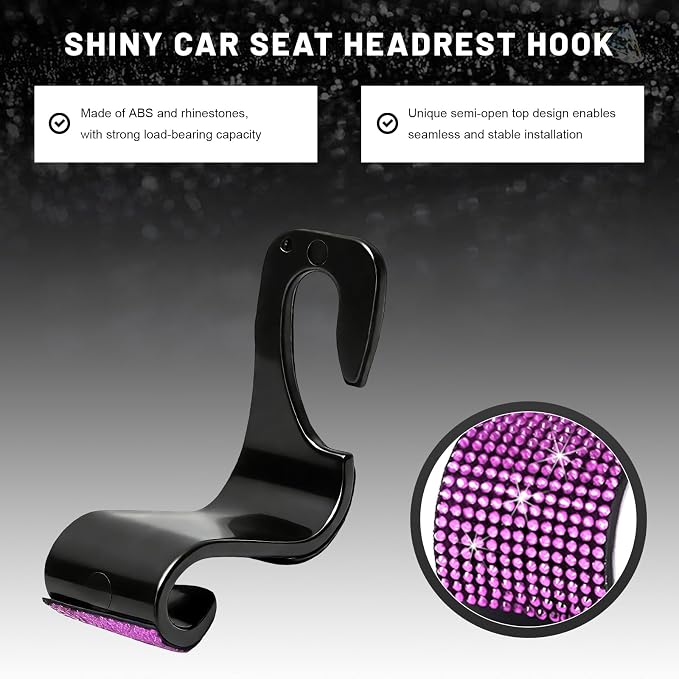 4 PCS Bling Car Seat Headrest Hooks, Sparkly Crystal Rhinestone Auto Back Seat Hanger Backpack Storage Hanger, Universal Diamond Handbag Hanging Holder for Car RV SUV Truck (Pink) - Image 3