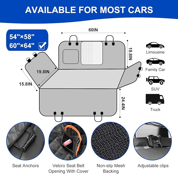 Dog Car Seat Cover for Back Seat 600D Scratchproof Nonslip Durable Waterproof Cars Pet Backseat Covers with Mesh Window Dogs Hammock for Car，SUV, Truck (60" W x 64" L) - Image 4