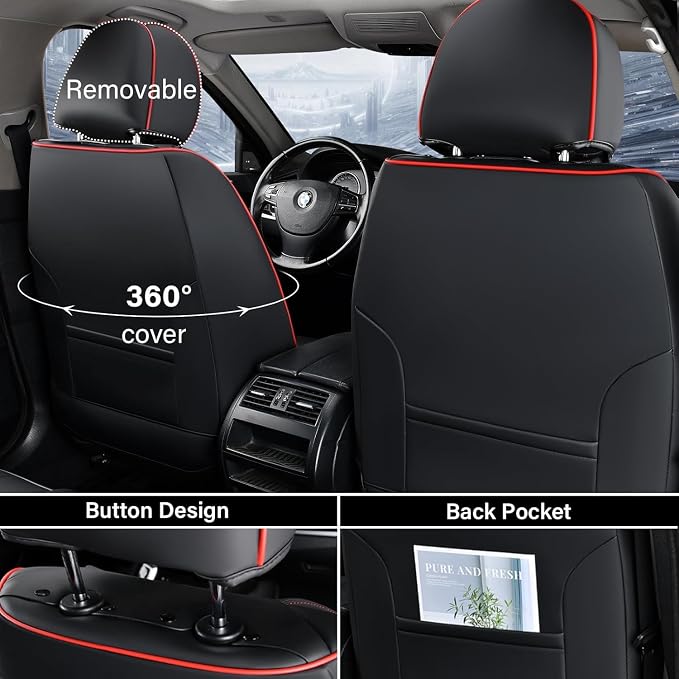 Coverado Seat Covers, Car Seat Covers Front Seats, Car Seat Cover, Car Seat Protector Waterproof, Car Seat Cushion Nappa Leather, BlackRed Seat Covers Carseat Cover Universal Fit for Most Cars - Image 3