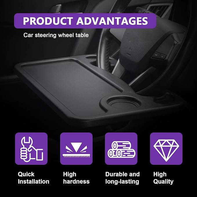Car Steering Wheel Desk Tray for Laptop and Eating 2 in 1 Multipurpose Travel Accessory with Drink and Pen Holder Compatible with Most Vehicles - Image 7