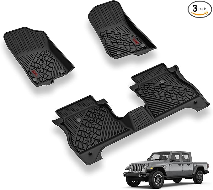 3W Floor Mats for Jeep Gladiator 2020-2026 1st & 2nd Row | TPE All Weather Floor Liner Full Set Car Liners with red Logo,Black by 3W