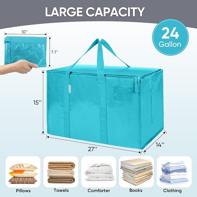TICONN 4 Pack Extra Large Moving Bags Heavy Duty with Zippers & Carrying Handles, Durable Storage Bags Moving Boxes for Closet Organizers and Storage (4 Pack, Aqua) - Image 5