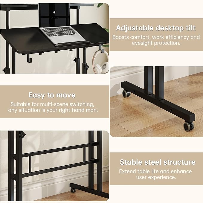 SIDUCAL Portable Standing Desk Adjustable Height, Rolling Computer Desk on Wheels, Mobile Home Office Workstation with USB Ports and Outlets, Laptop Cart for Standing or Sitting, 31.5" x 23.6" Black - Image 6