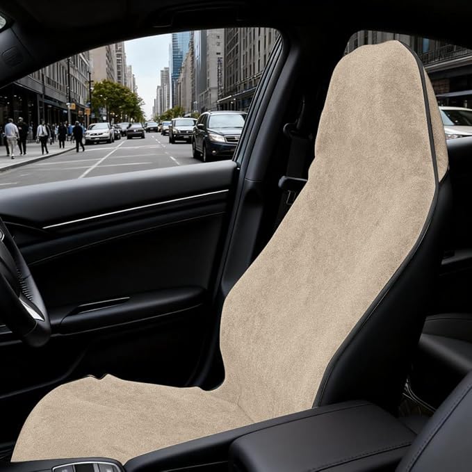 55.12 x 29.53 Inch Terry Cloth Car Seat Cover, Beige | absorbent surface, waterproof barrier, granular anti-slip backing, side-free profile, interior accessory - Image 6