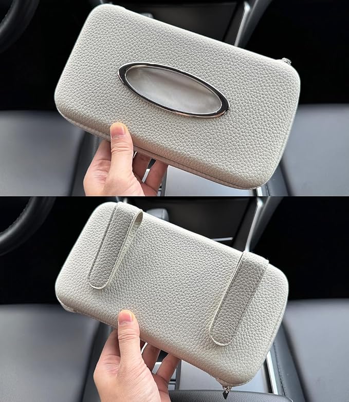 Car Tissue Holder, Sun Visor Tissue Holder, Zipper Car Visor Napkin Holder, PU Leather Backseat Tissue Case for Auto Vehicle (Grey) - Image 4