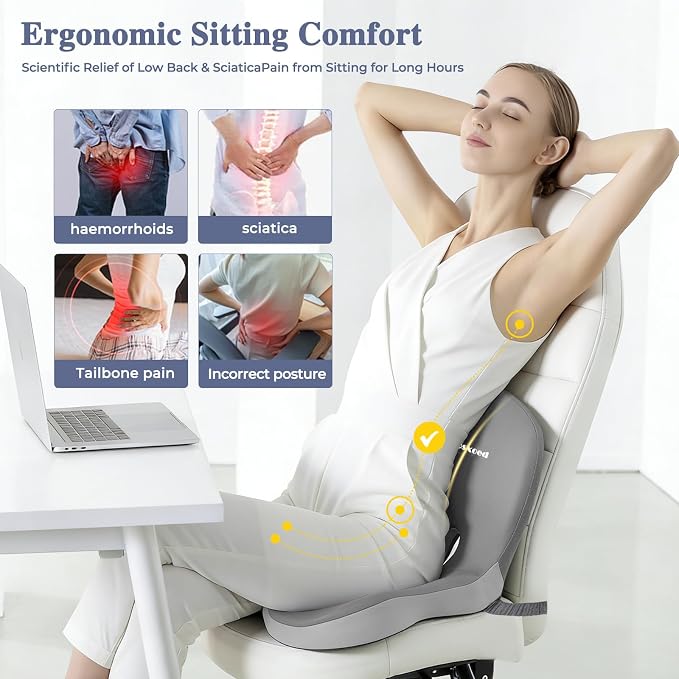 Memory Foam Seat Cushion for Sciatica & Back Pain Relief - Ergonomic Chair Pad with Adjustable Strap & Supportive Comfort Cover, Non-Slip for Car, Truck, Office Chair - Light Gray - Image 2