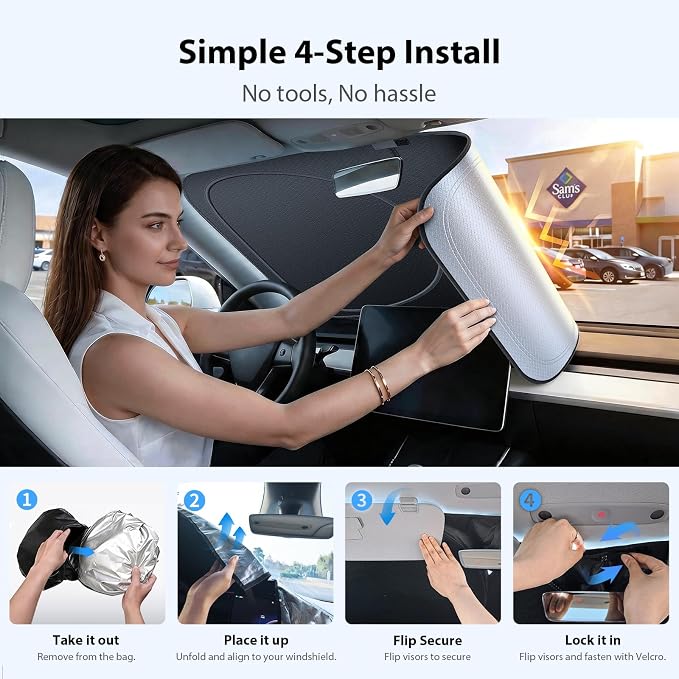 Windshield Sun Shade for Ford E & Dodge Grand Caravan, 2XL(75"x 37") | Super Heat Insulation, 99.9% Sun Protection, Foldable Sunshade with Storage Bag, Car Accessories for Summer - Image 8