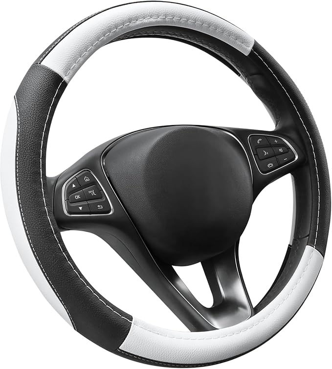 SEG Direct Steering Wheel Cover 14.5-15 inch Car Auto Interior Accessories | Universal Medium Standard Size 37-39cm for Car Truck SUV, Microfiber Leather, Anti-Slip Comfortable Grip, Black and White by SEGDirect